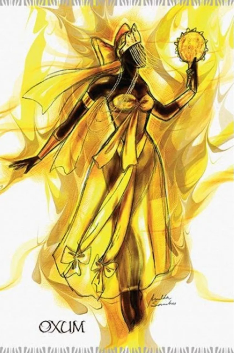 A colorful illustration of the Afro-Brazilian goddess Oxum, depicted with a golden complexion, flowing garments, and holding a sun-like disc.