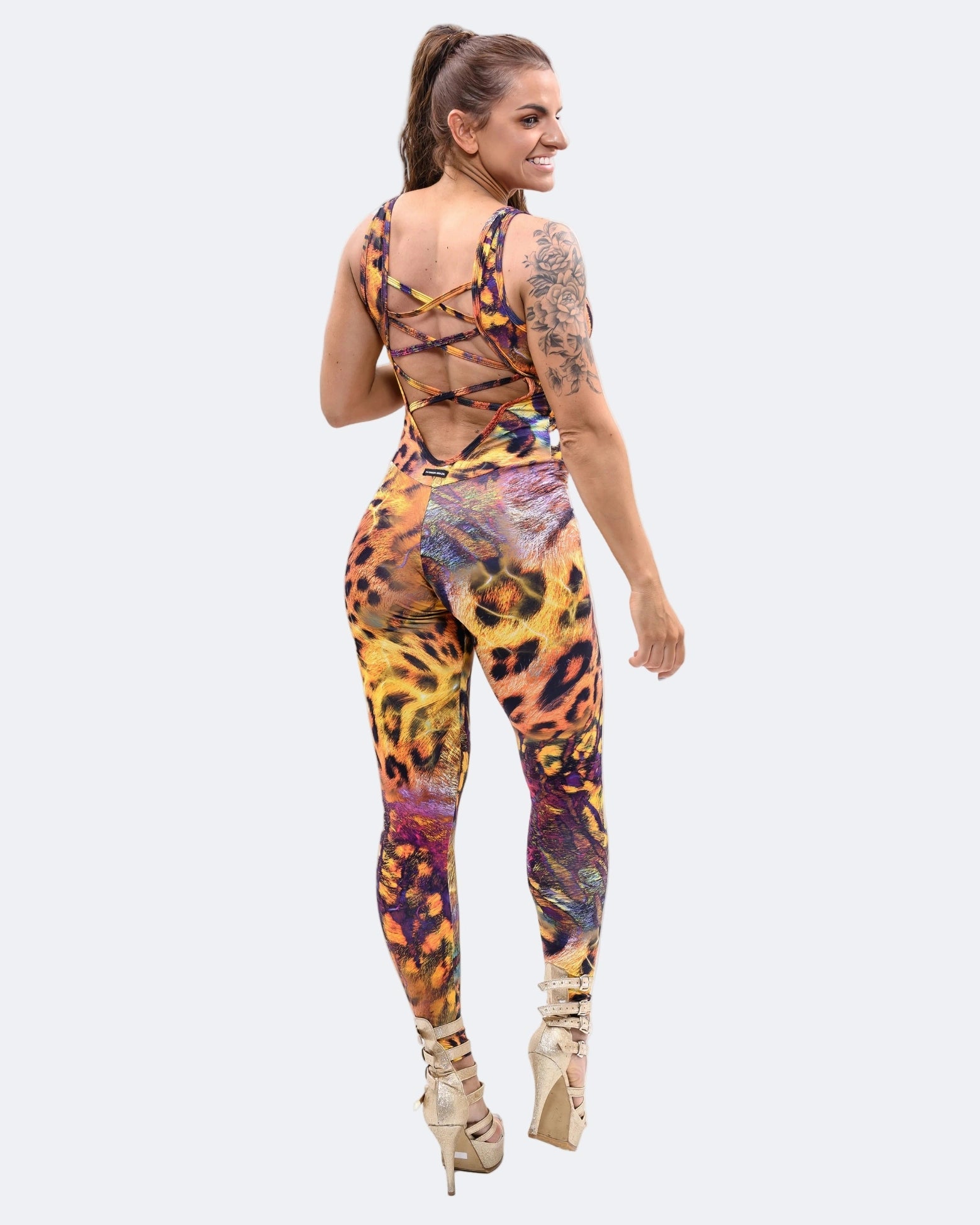 Leopard Print Safari Brazilian Workout Jumpsuit Back Details