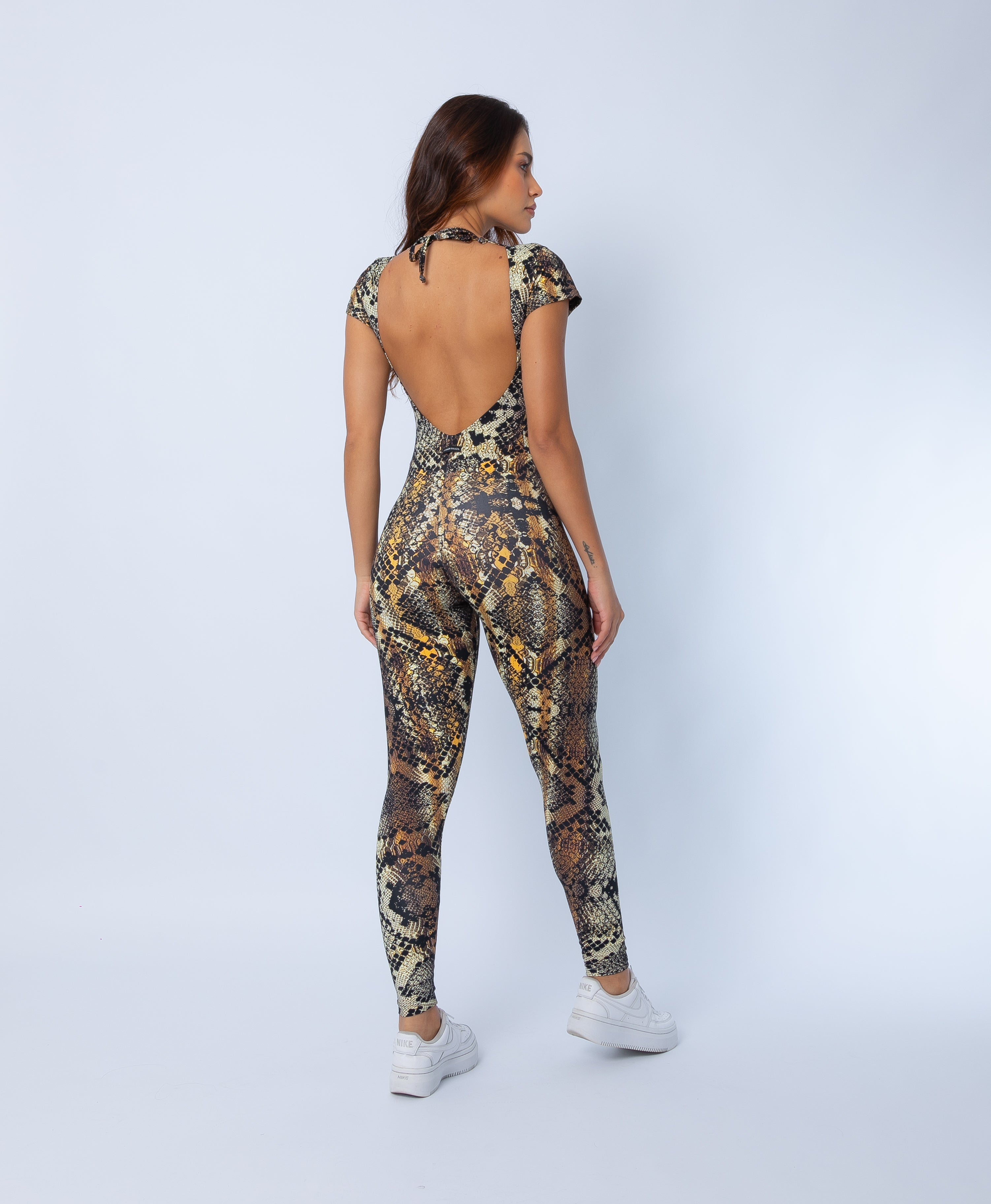 Fashion Brazil Golden Cobra Cap Sleeve Jumpsuit back view, showing full snake-print design, sculpting fit, and cap sleeve detail on a white background. 