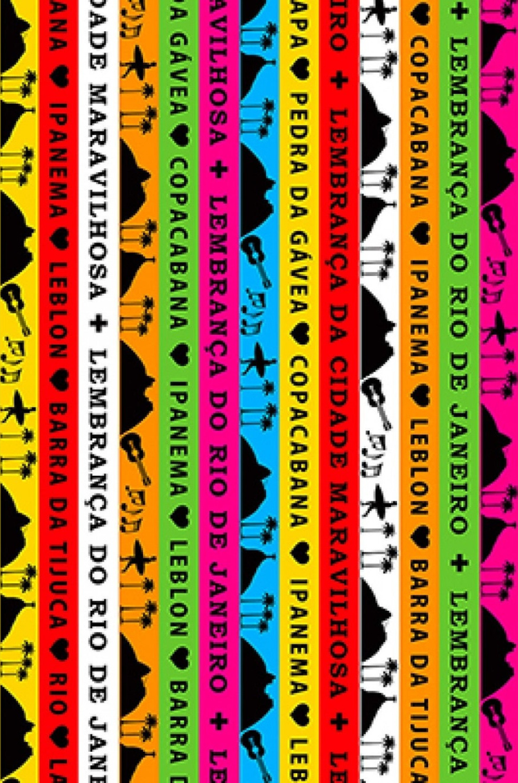 A collection of colorful Fitinha do Bonfim Rio Sarongs displayed in a line, each with text and designs indicative of Brazilian culture.